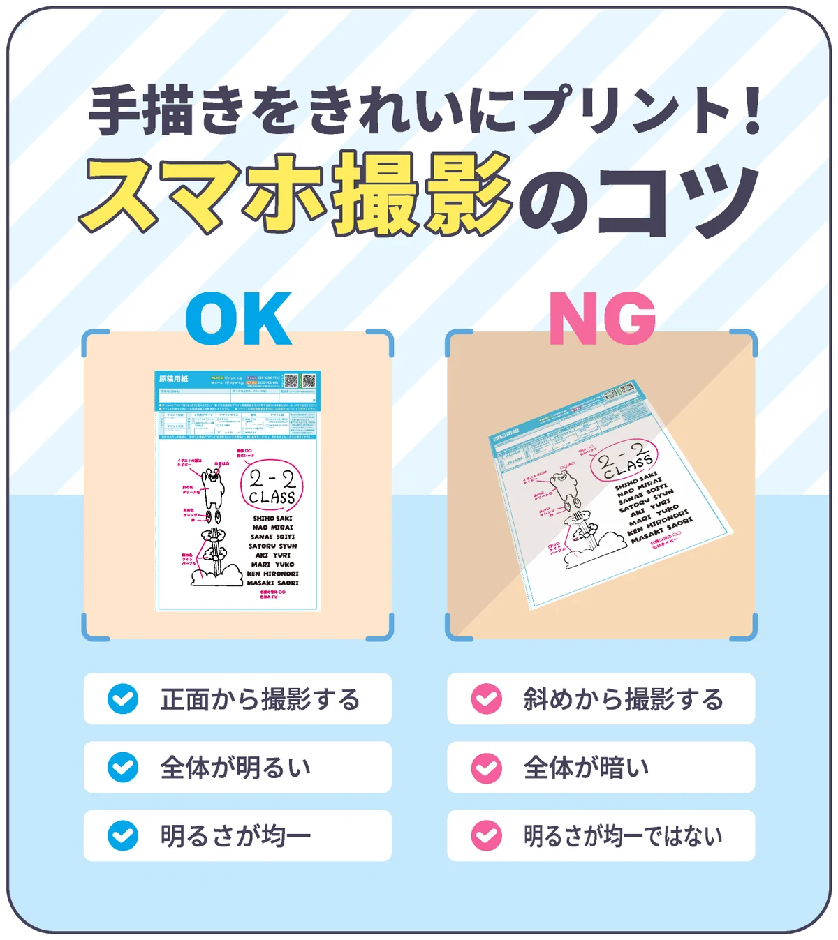 手描きをきれいにプリント！スマホ撮影のコツ。OK は正面から撮影する・全体が明るい・明るさが均一。NG は斜めから撮影する・全体が暗い・明るさが均一ではない